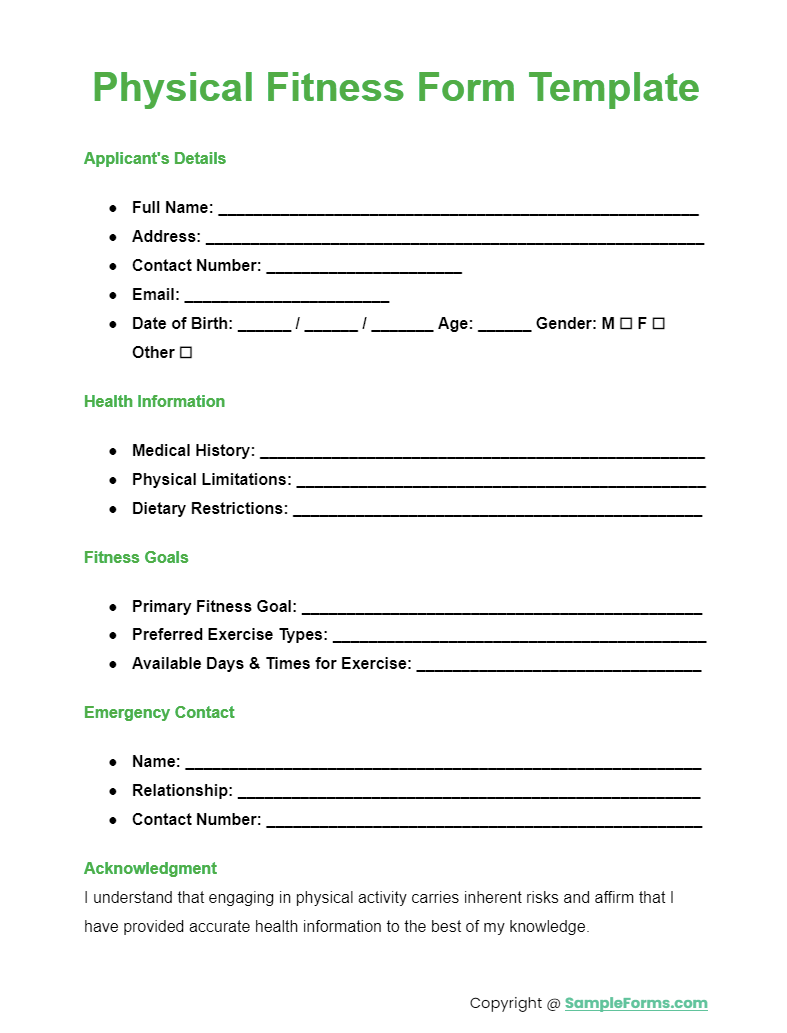 physical fitness form template