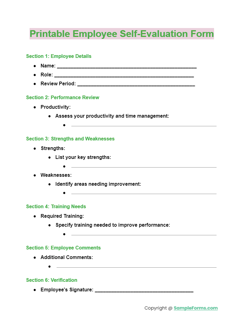 printable employee self evaluation form