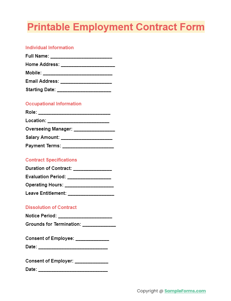 printable employment contract form
