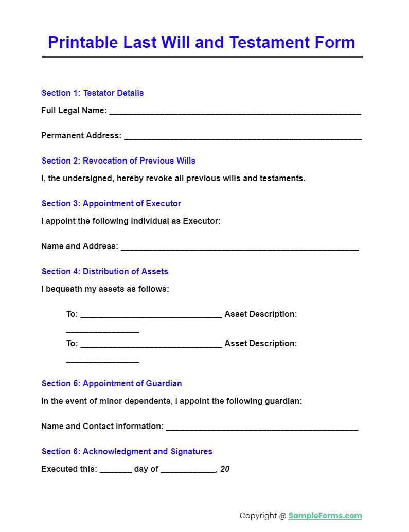 printable last will and testament form