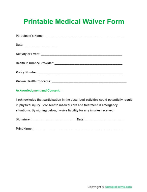 printable medical waiver form