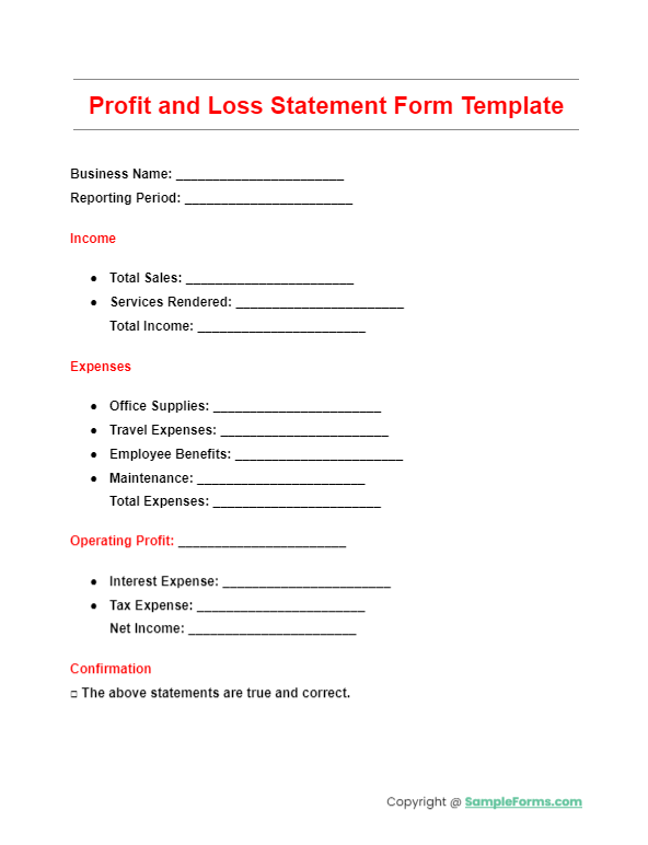 profit and loss statement form template