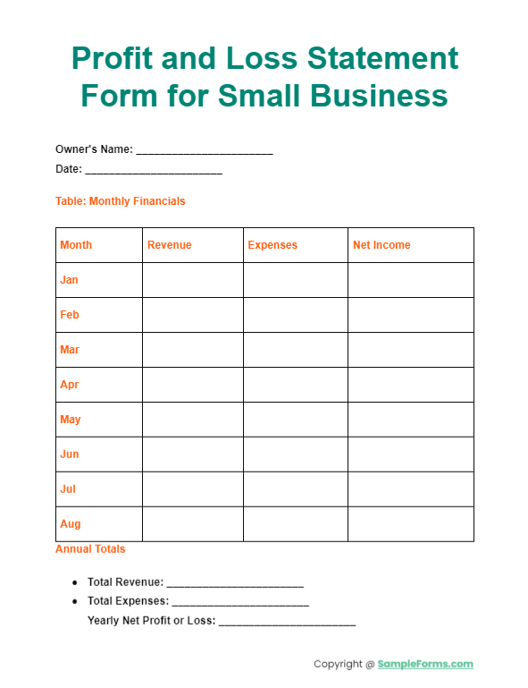 profit and loss statement form for small business