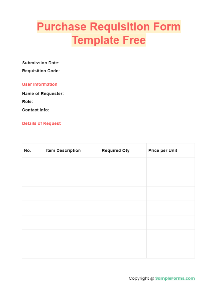 purchase requisition form template free