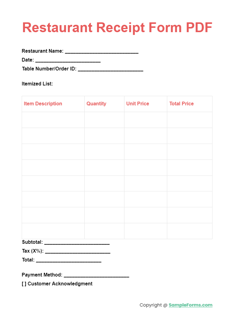 restaurant receipt form pdf
