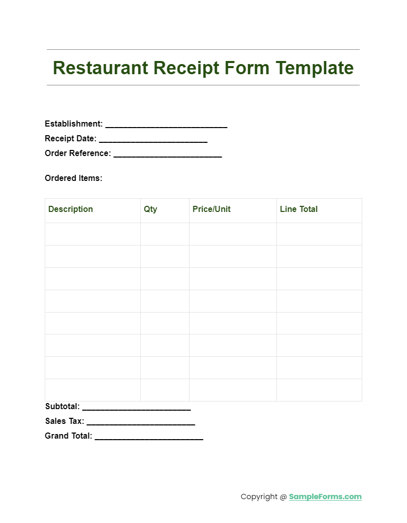restaurant receipt form template