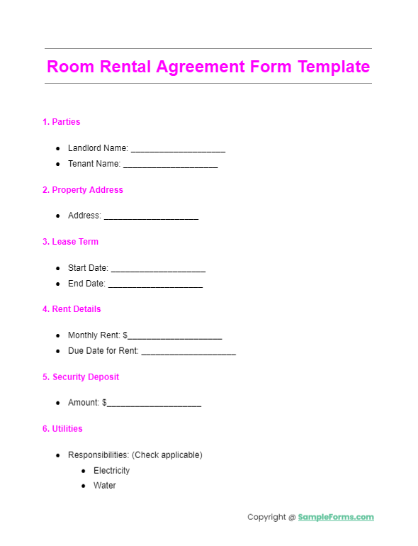 room rental agreement form template