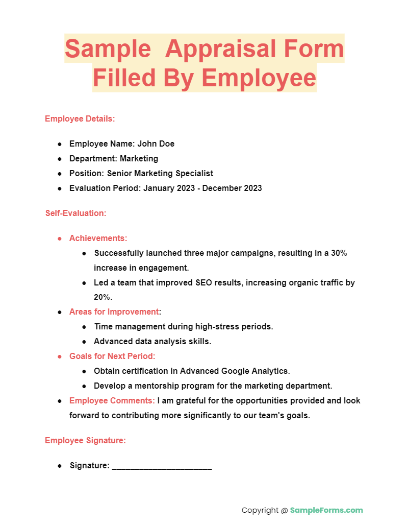 sample appraisal form filled by employee