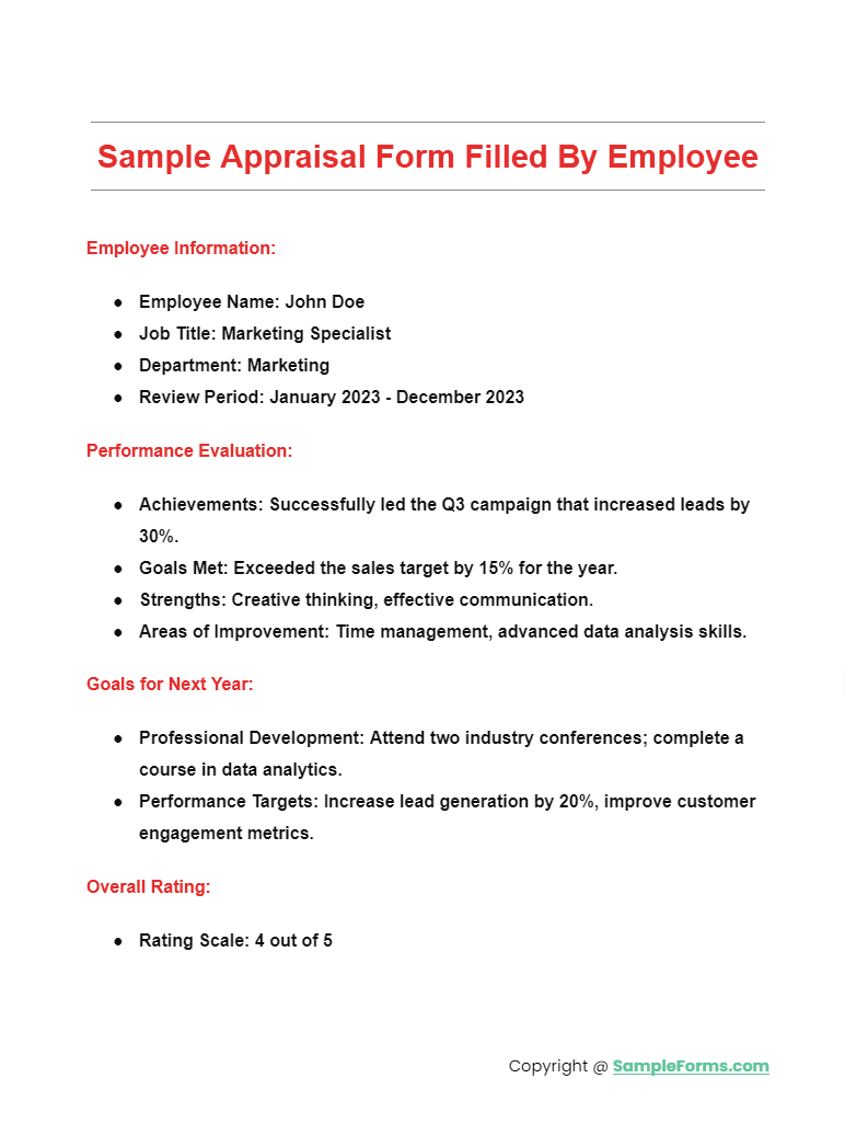 sample appraisal form filled by employees