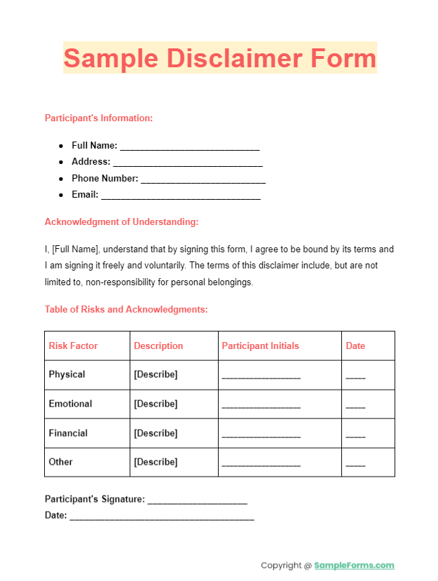 sample disclaimer form