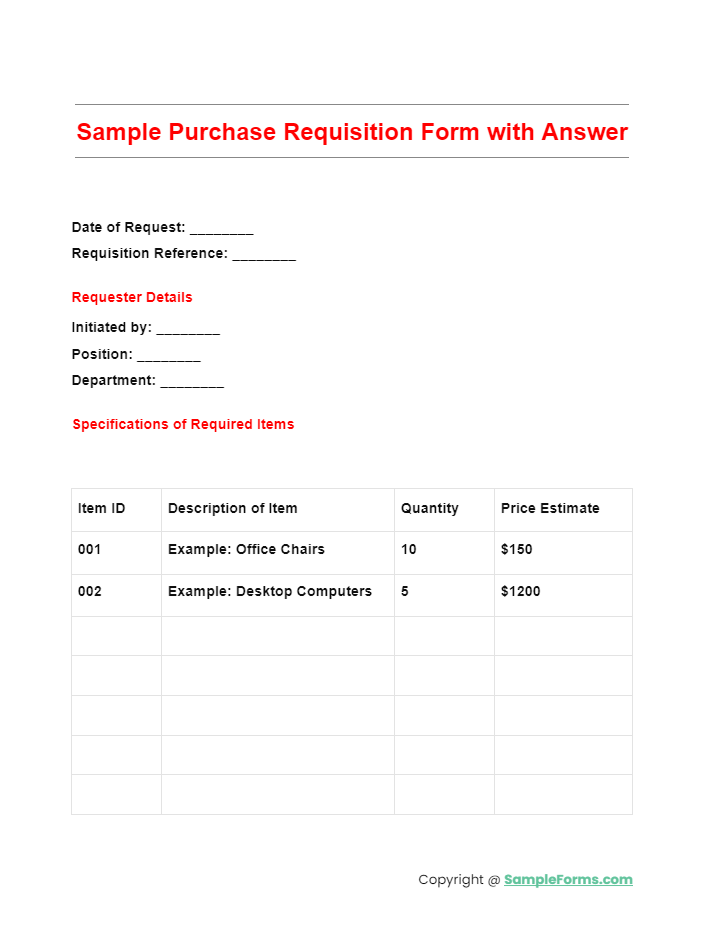sample purchase requisition form with answer