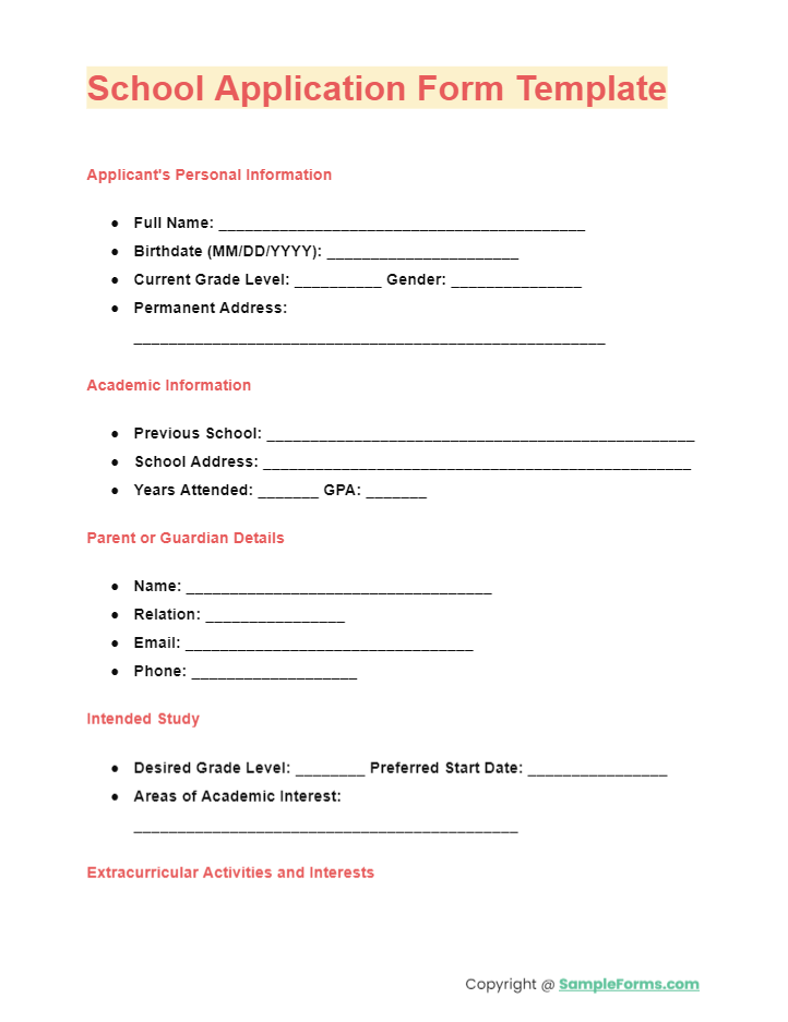 school application form template