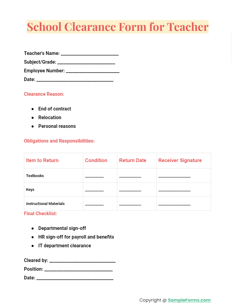 school clearance form for teacher