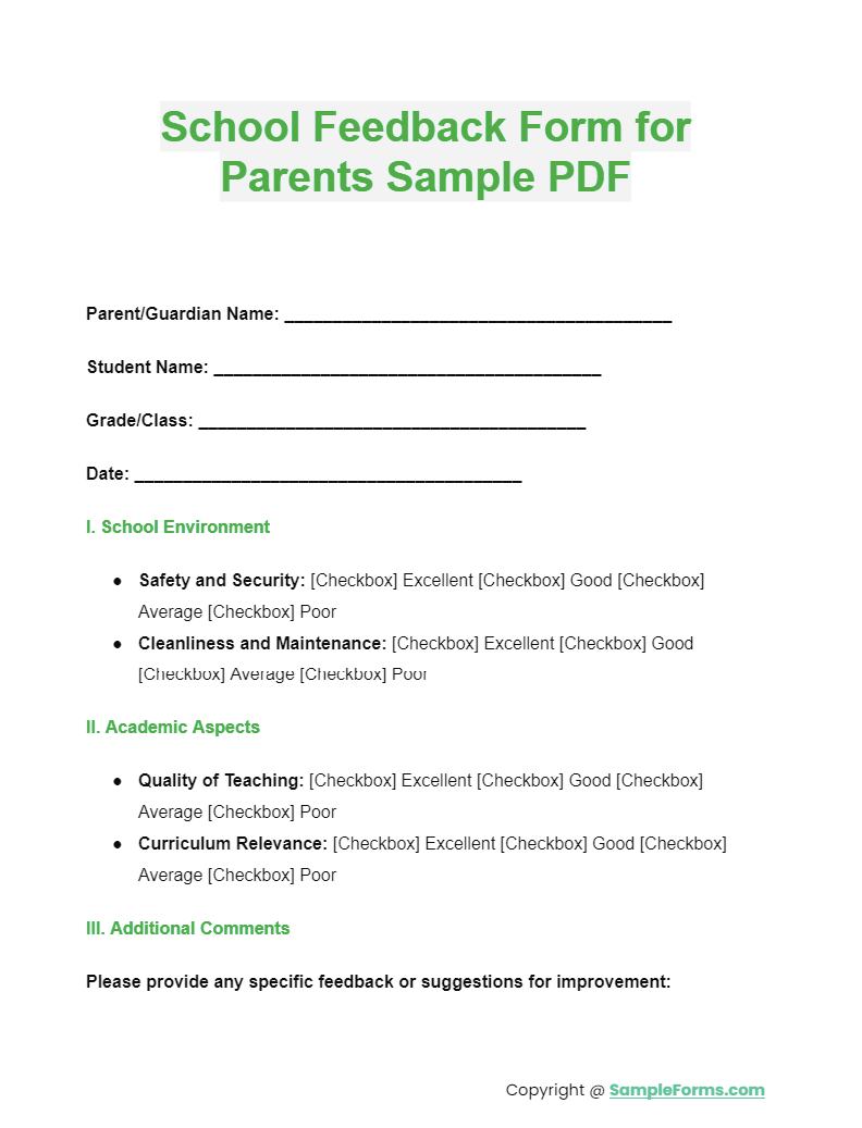 school feedback form for parents sample pdf