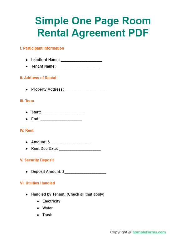 simple one page room rental agreement pdf