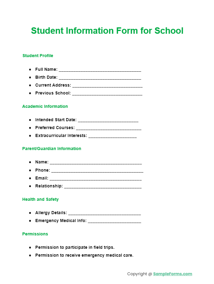 student information form for school