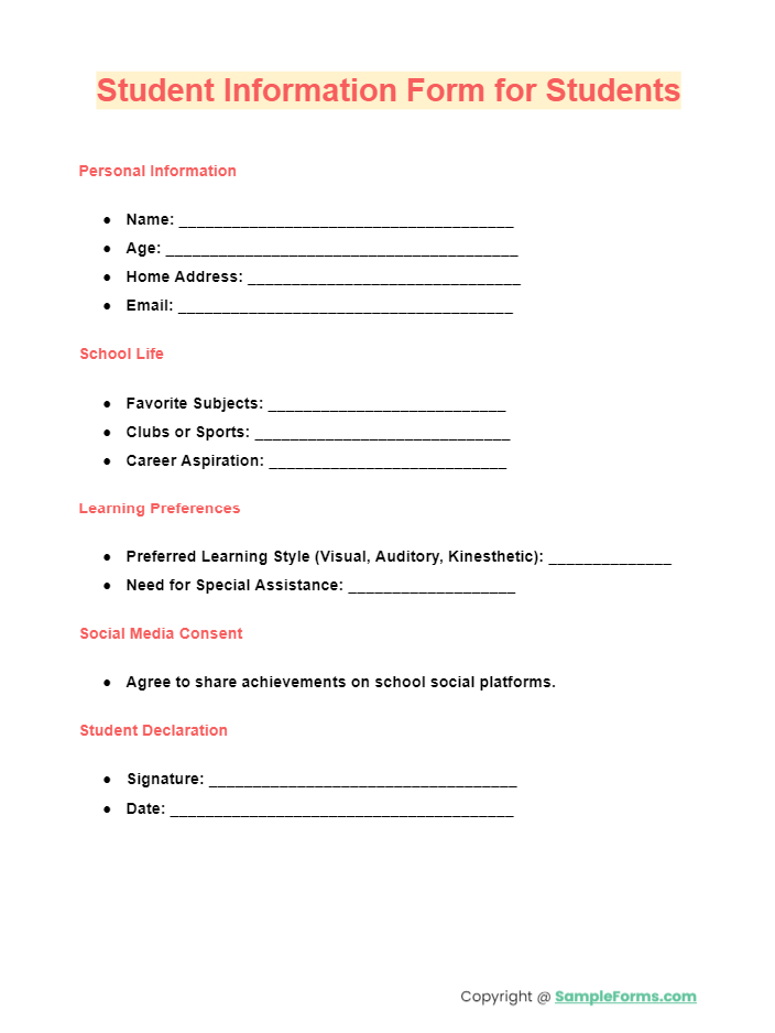 student information form for students