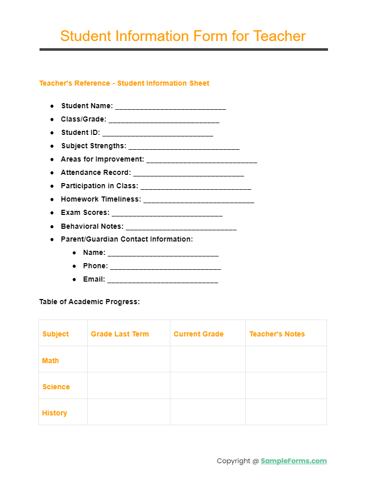 student information form for teacher