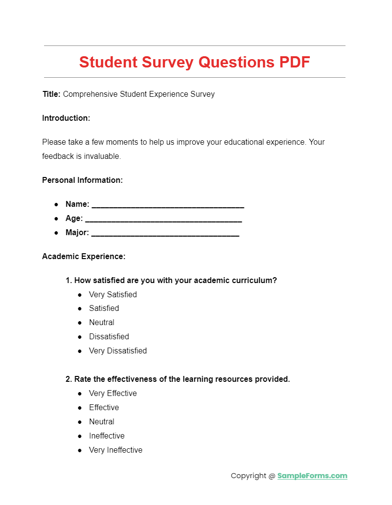 student survey questions pdf