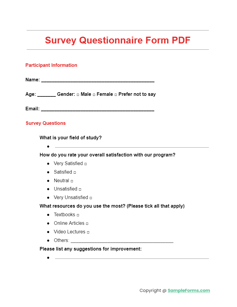 survey questionnaire form pdf