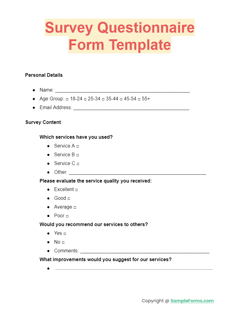 survey questionnaire form template