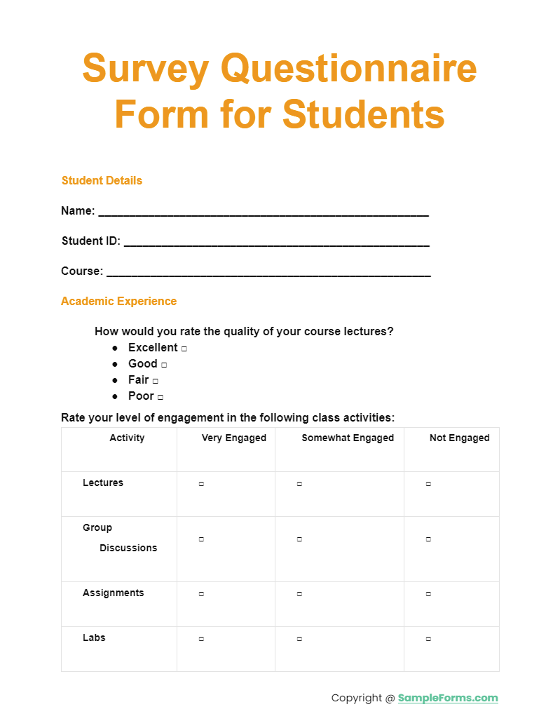 survey questionnaire form for students