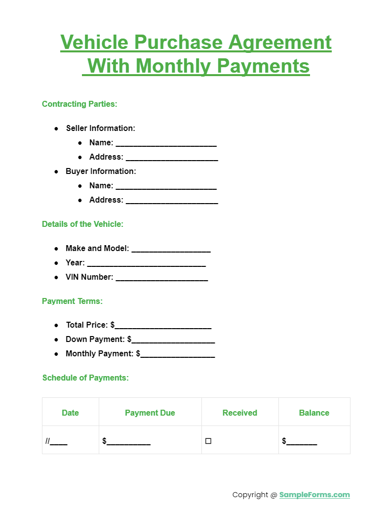 vehicle purchase agreement with monthly payments