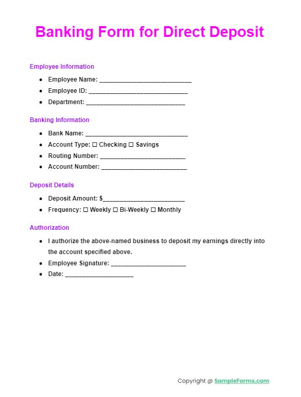 banking form for direct deposit
