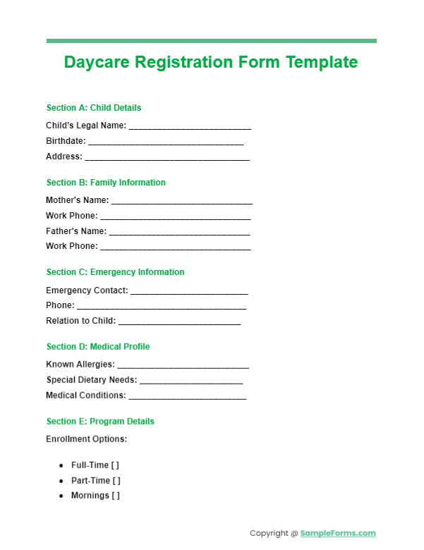 daycare registration form template