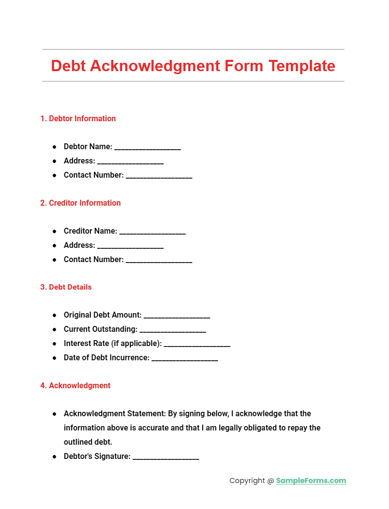 debt acknowledgment form template