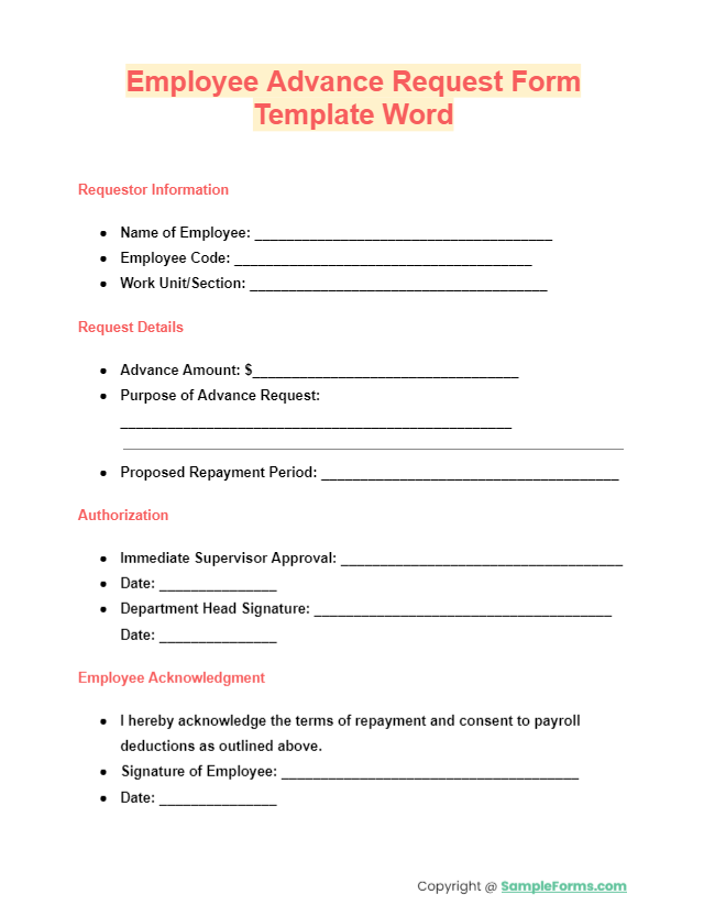 employee advance request form template word