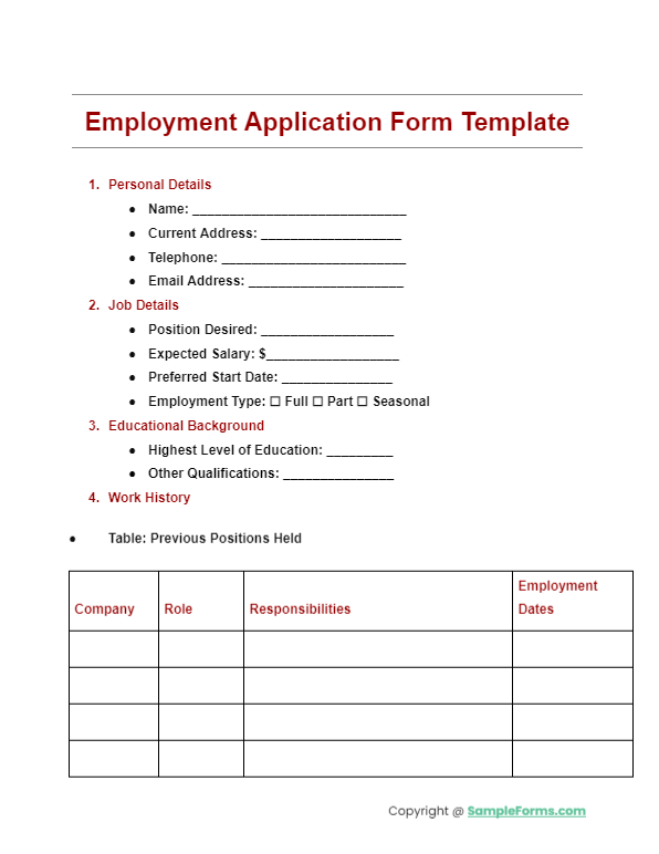 employment application form template