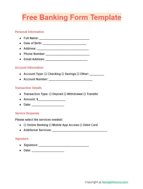 free banking form template