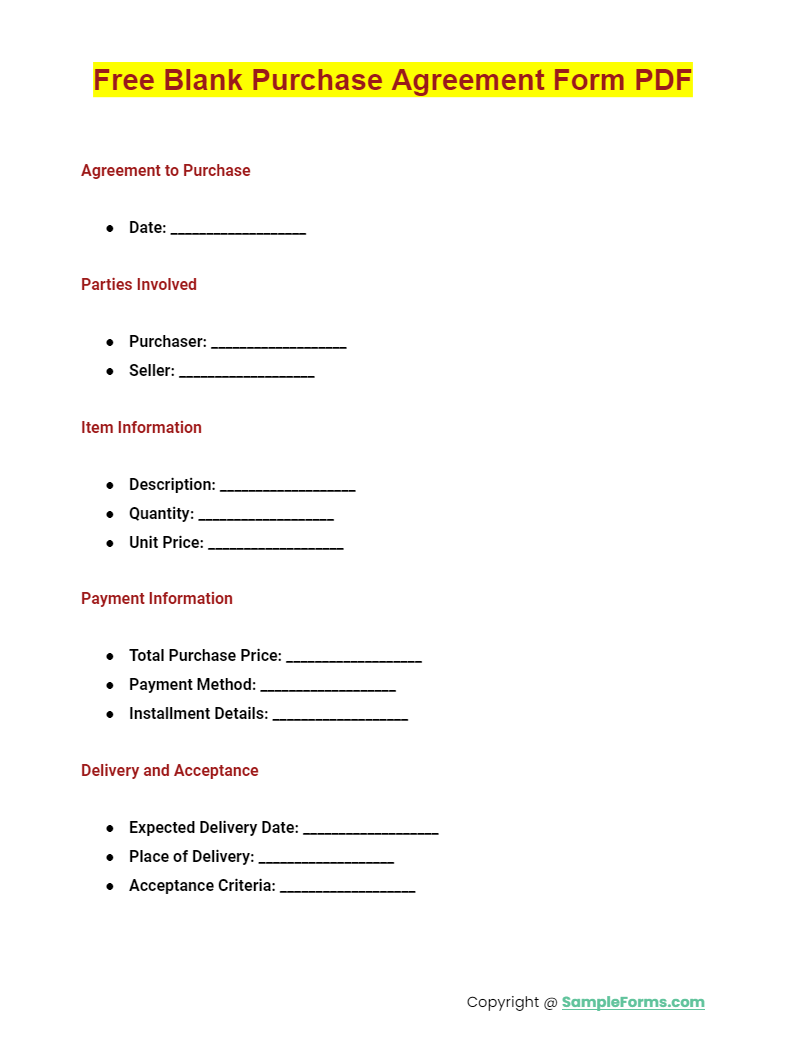 free blank purchase agreement form pdf