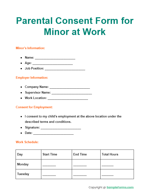 parental consent form for minor at work