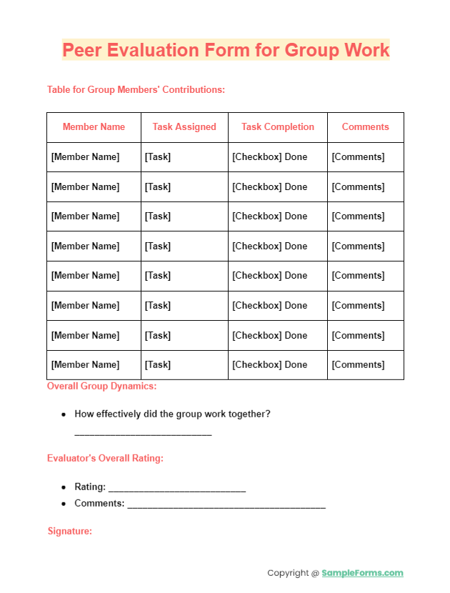 peer evaluation form for group work