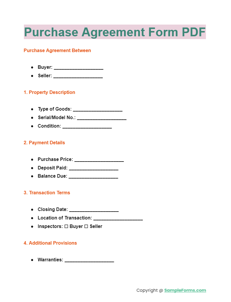 purchase agreement form pdf