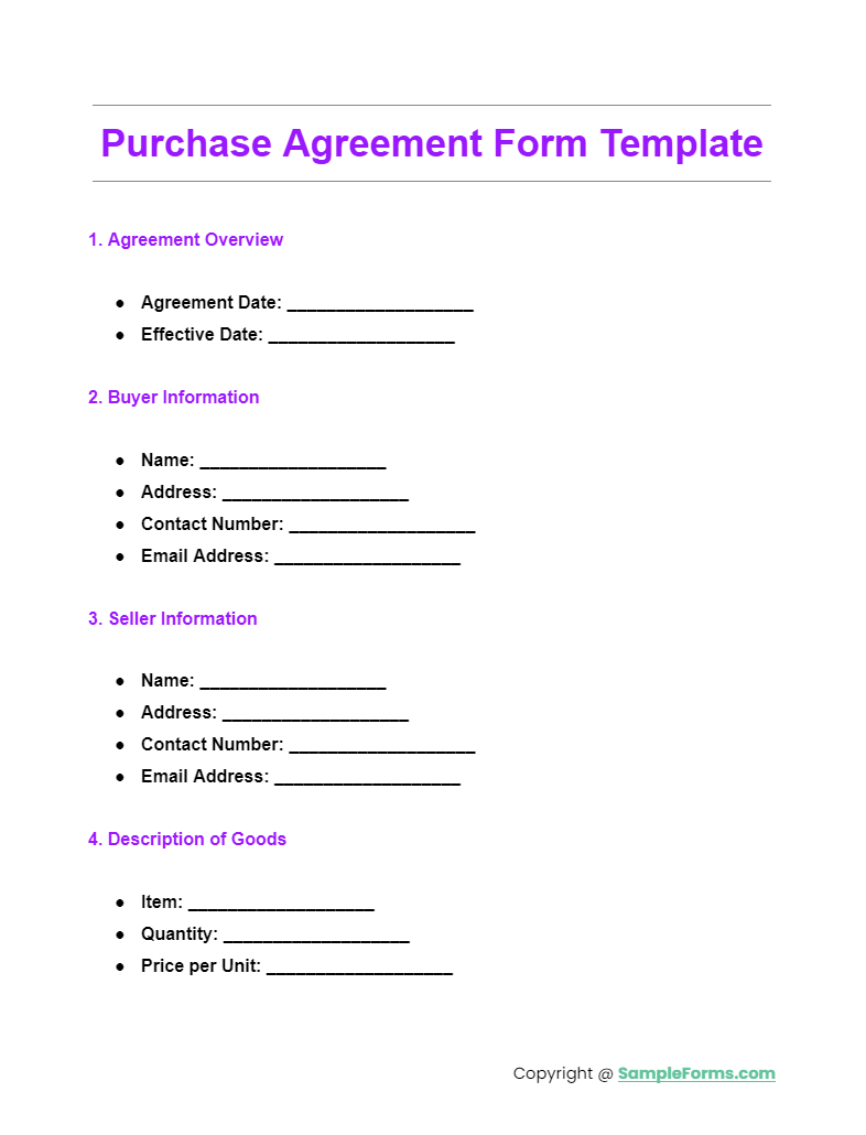 purchase agreement form template
