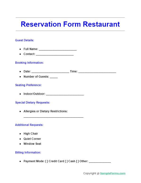 reservation form restaurant