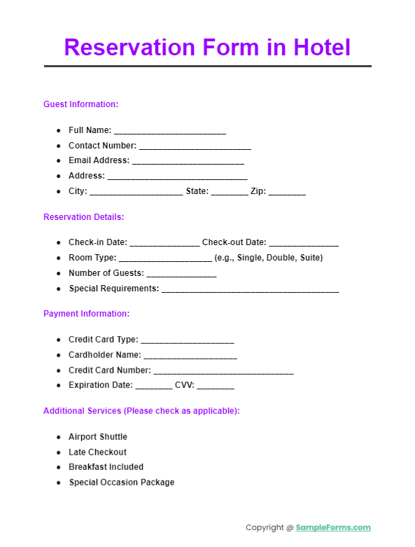 reservation form in hotel