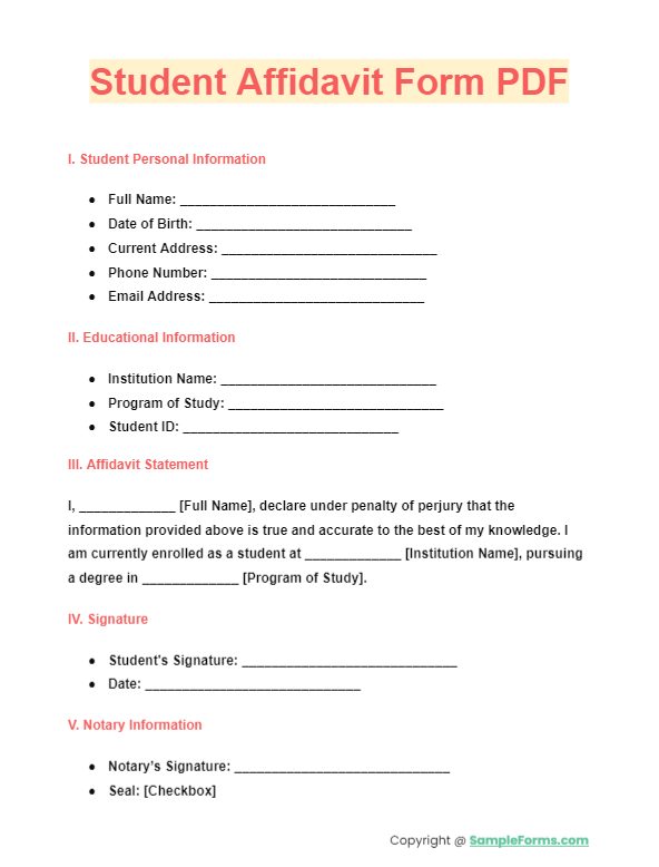 student affidavit form pdf