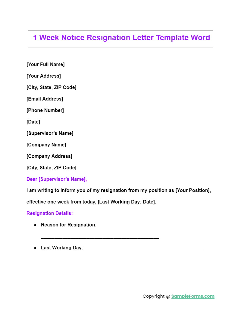 1 week notice resignation letter template word