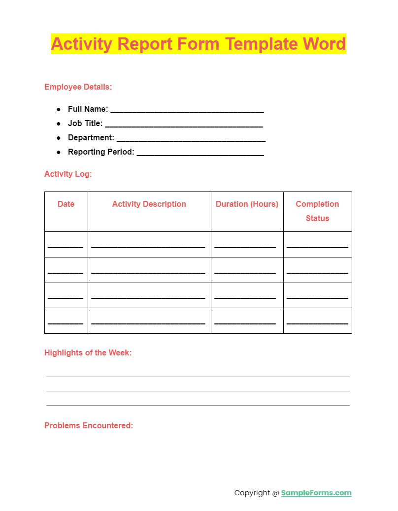 activity report form template word