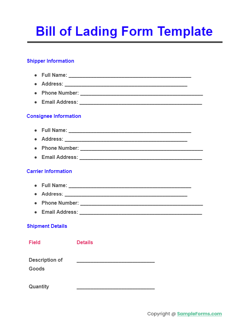 bill of lading form template