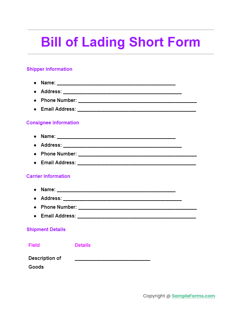 bill of lading short form