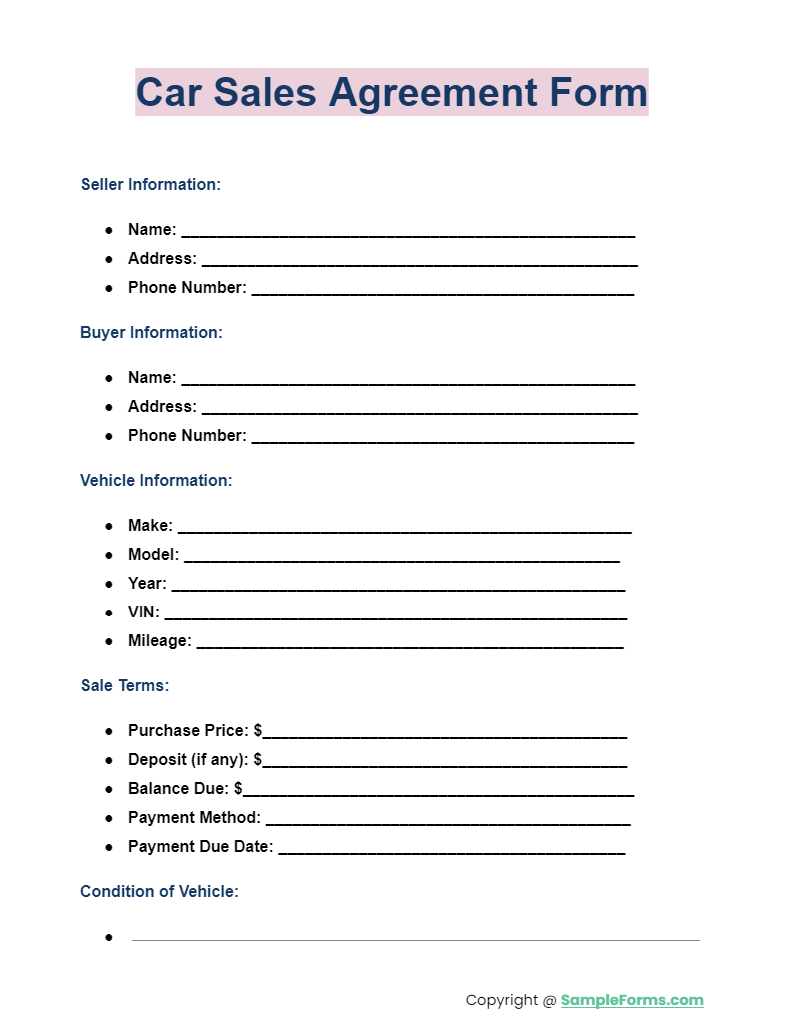 car sales agreement form