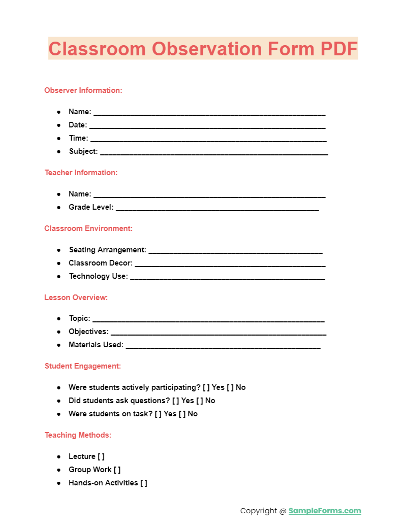 classroom observation form pdf