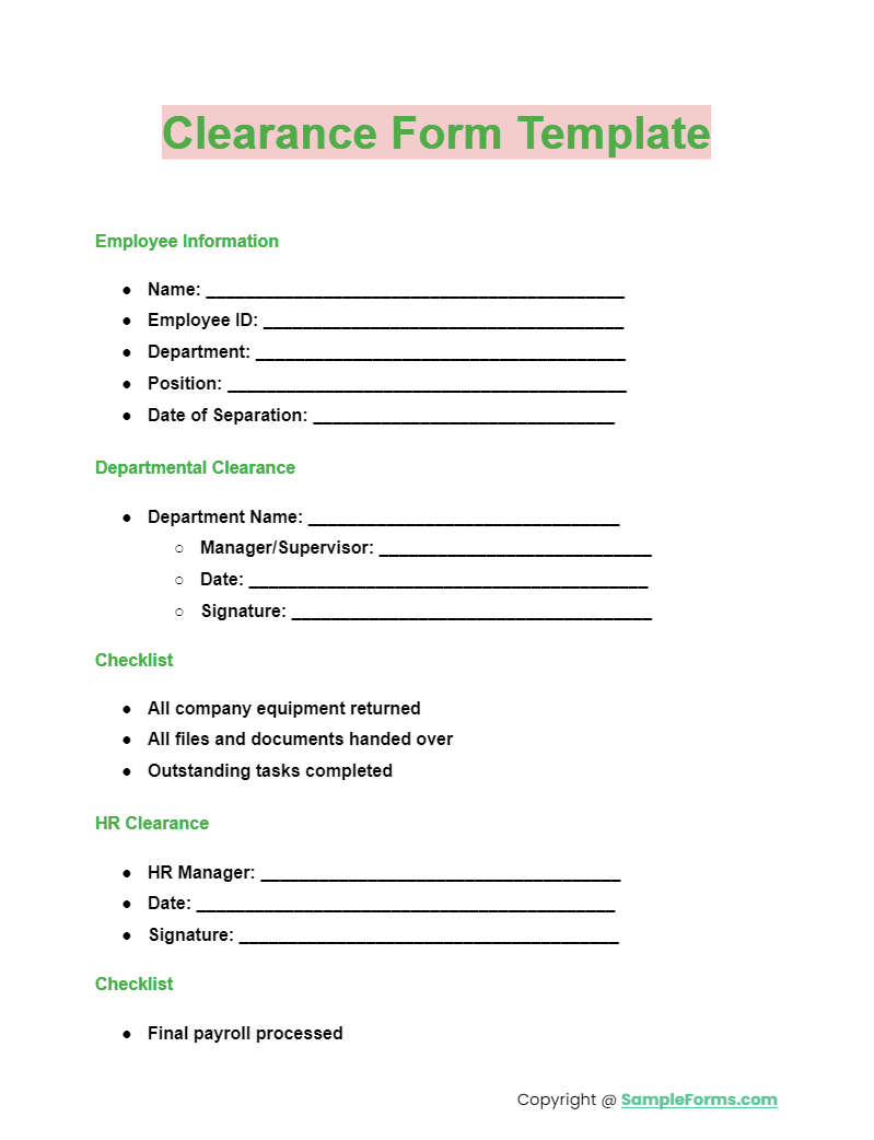clearance form template
