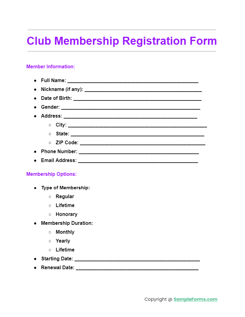 club membership registration form