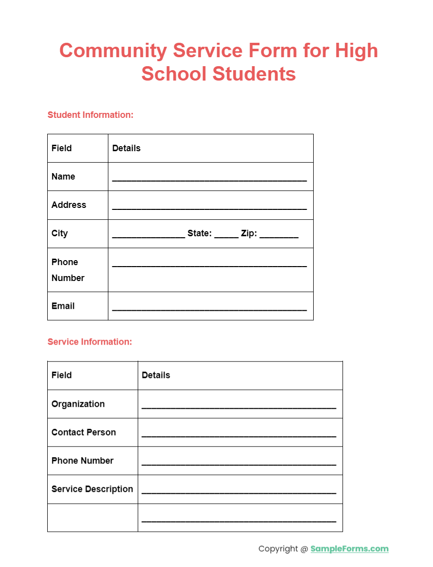 community service form for high school students